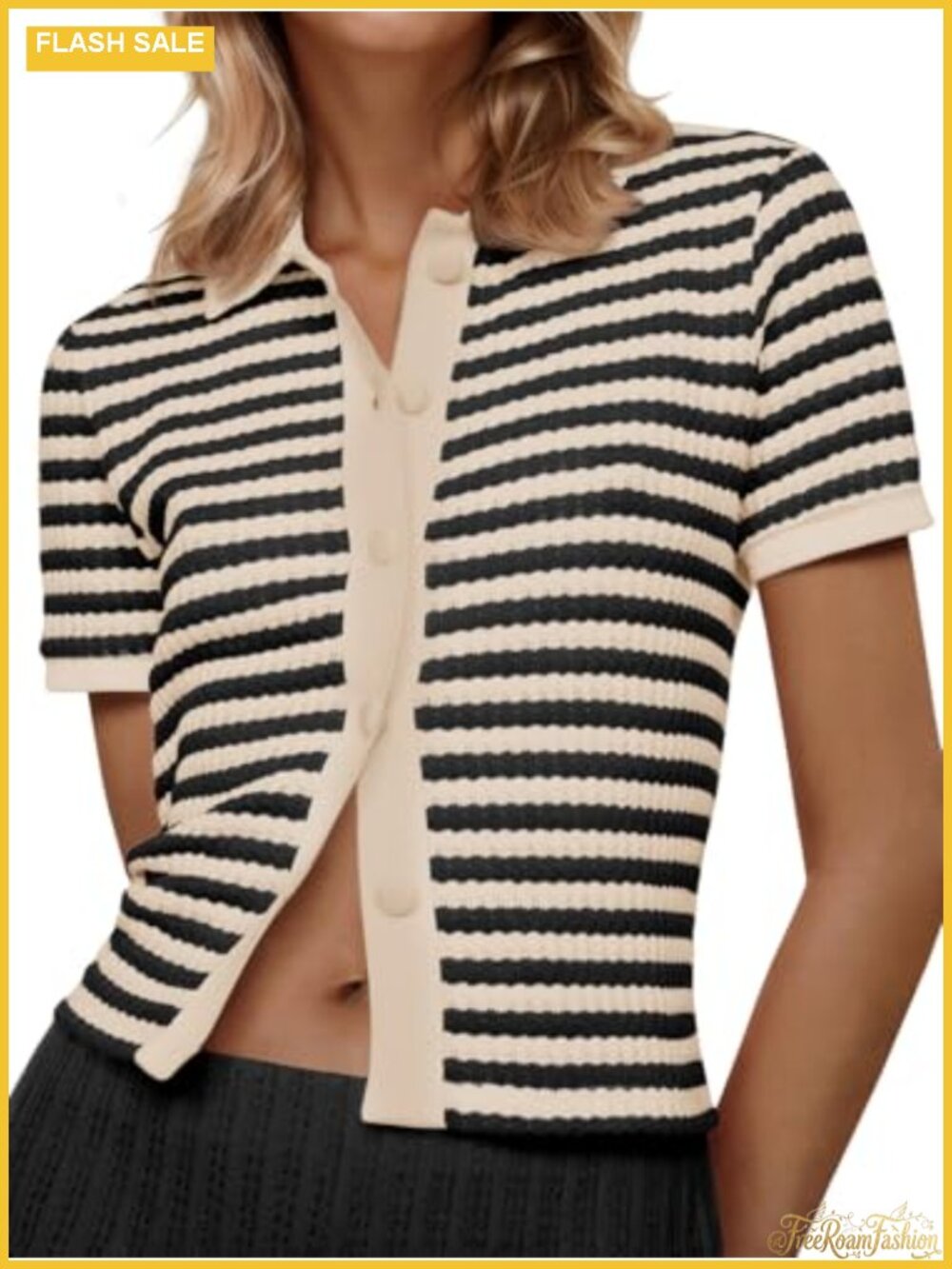Women's Striped Short Sleeve Cropped Cardigan Polo Collar Button Down Summer
